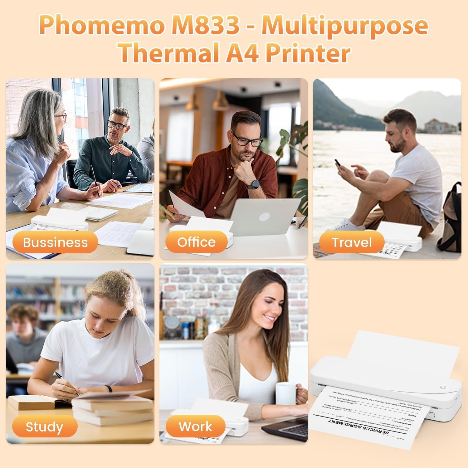A4 Portable Thermal Printer 300DPI Wireless Bluetooth Inkless