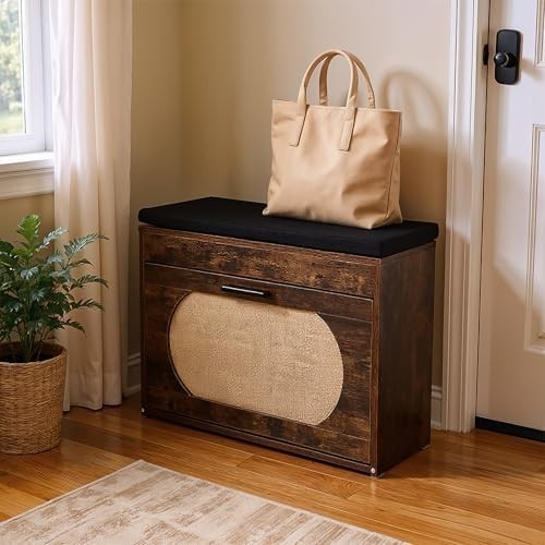 Rustic Brown Shoe Storage Bench with Cushion & Flip Drawer – Hallway Seat