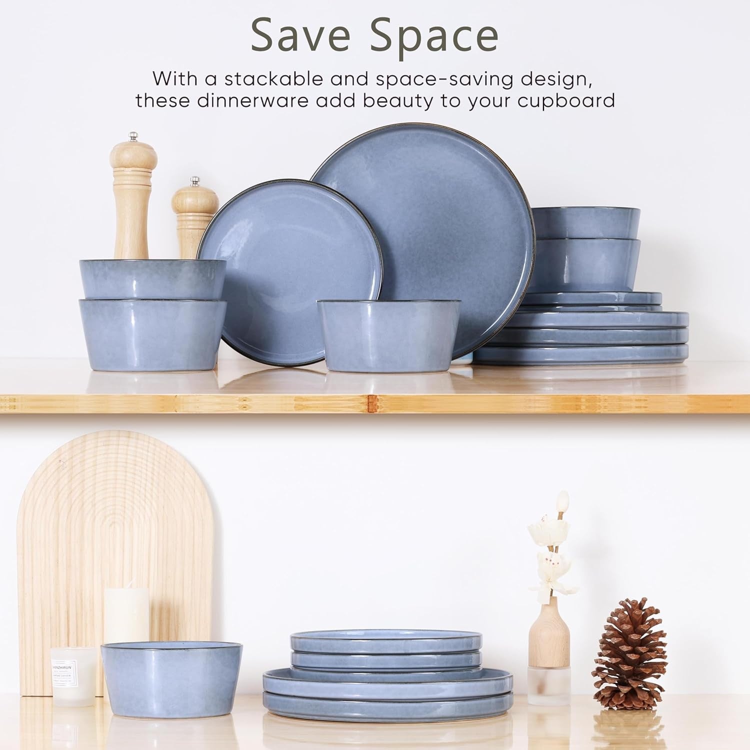 12pc Stoneware Dinner Set Blue Plates Bowls Dishwasher Microwave Safe