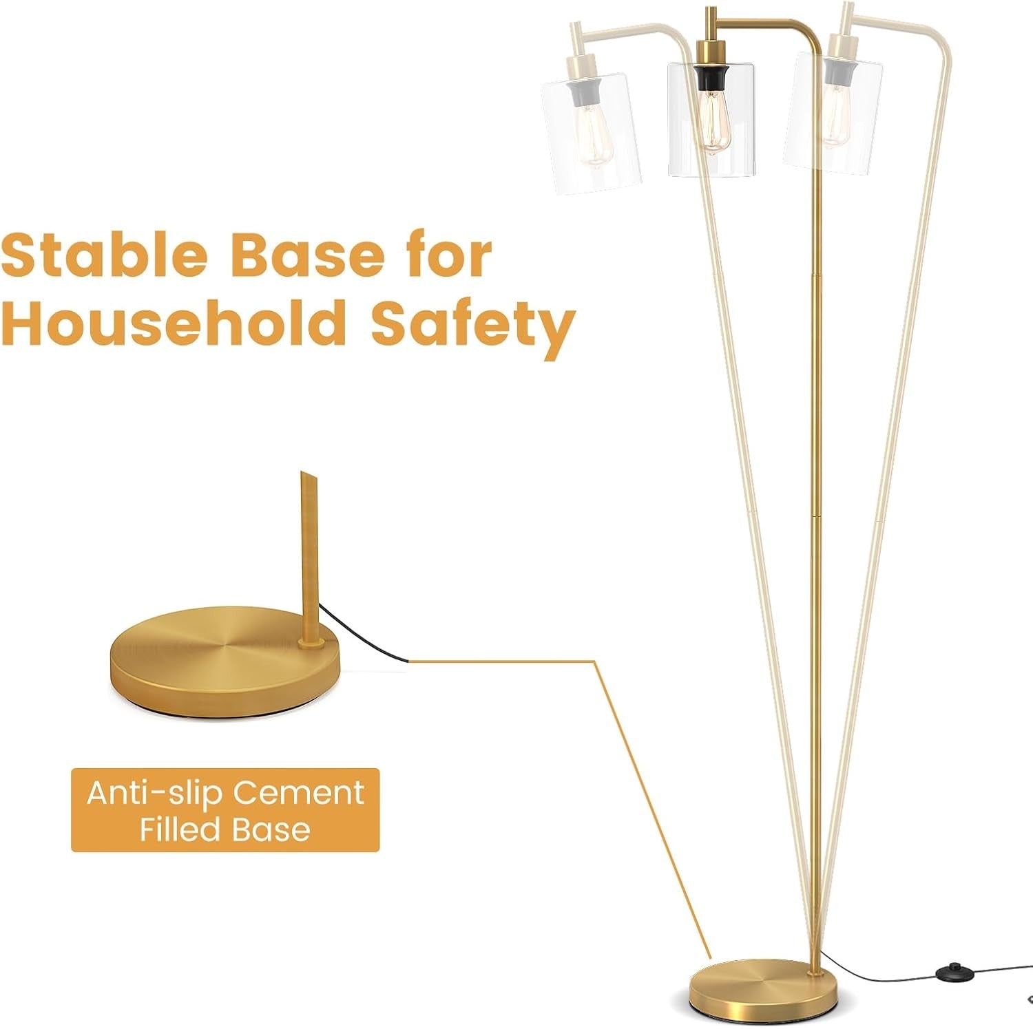 Industrial Floor Lamp Gold Glass Shade Tall Standing Light with Foot Switch