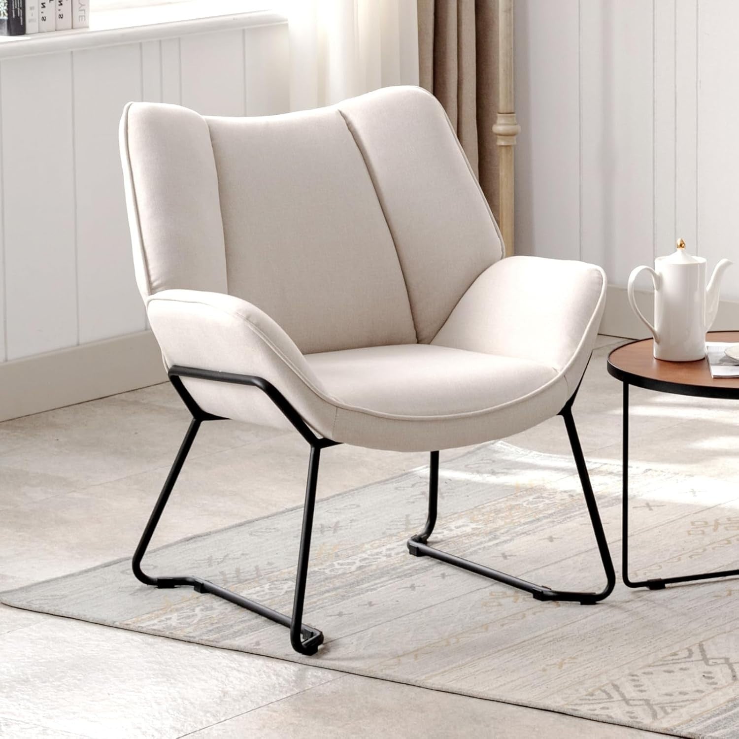 Modern Linen Accent Chair Metal Legs | Comfy Armchair for Bedroom Lounge