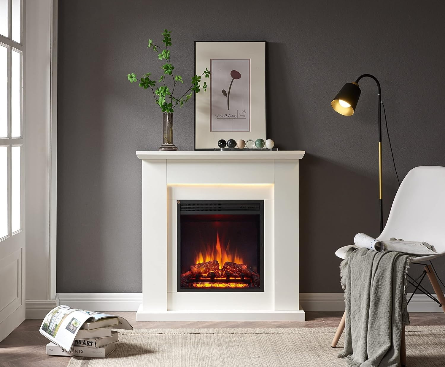 Electric Fireplace Heater 2kW White Freestanding LED Log Flame Effect Remote