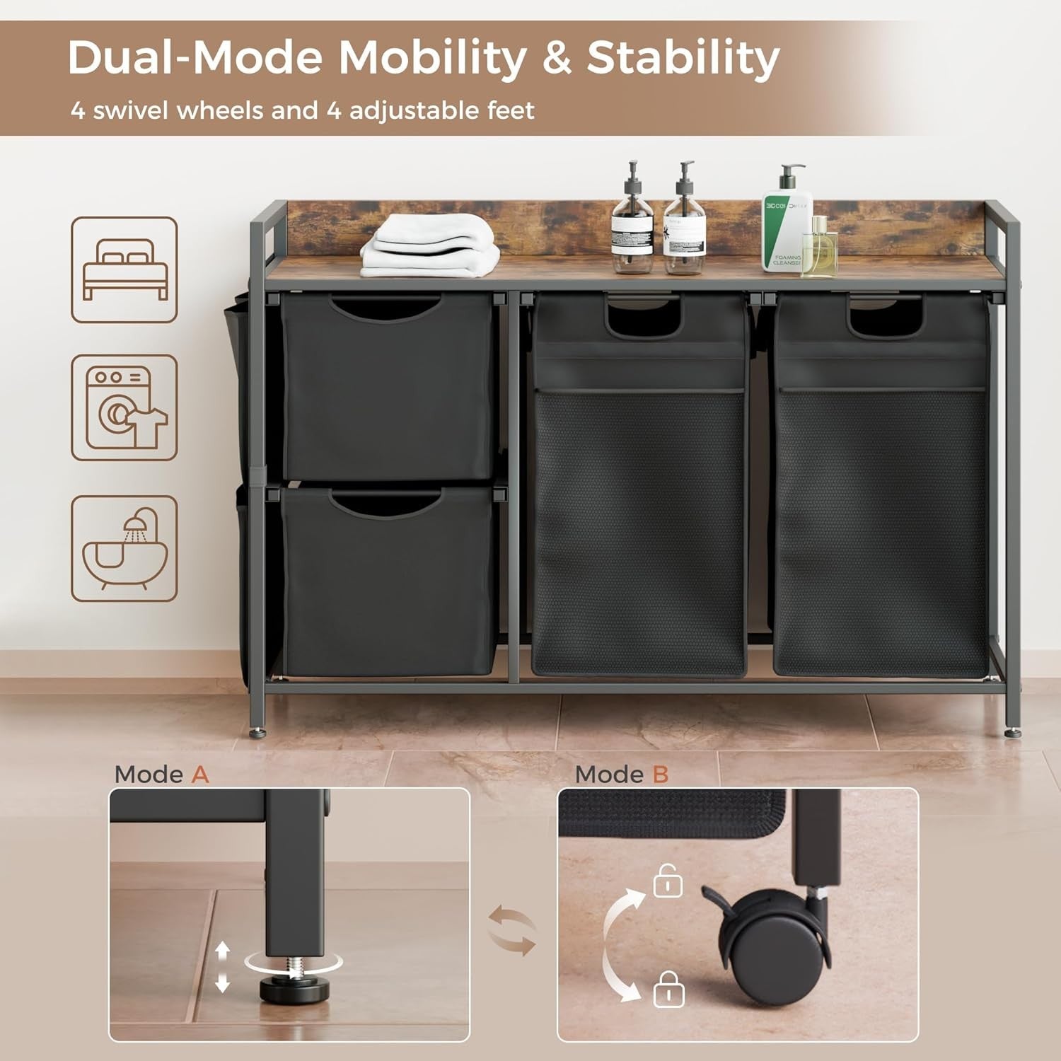 150L 4-Bag Laundry Hamper on Wheels with Rustic Top & Removable Liners