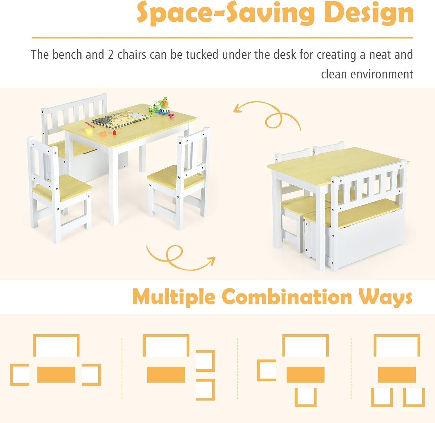 Kids Wooden Table Chair Set with Storage Bench 4 Piece Toddler Furniture