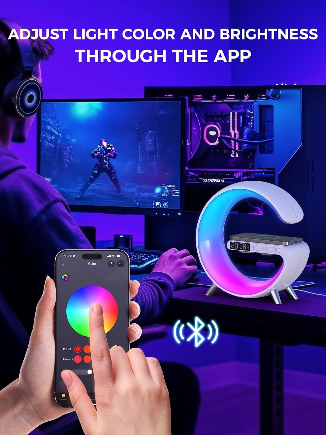 White RGB G-Shape Sunrise Wake Up Light Alarm Bluetooth Speaker Wireless Charger