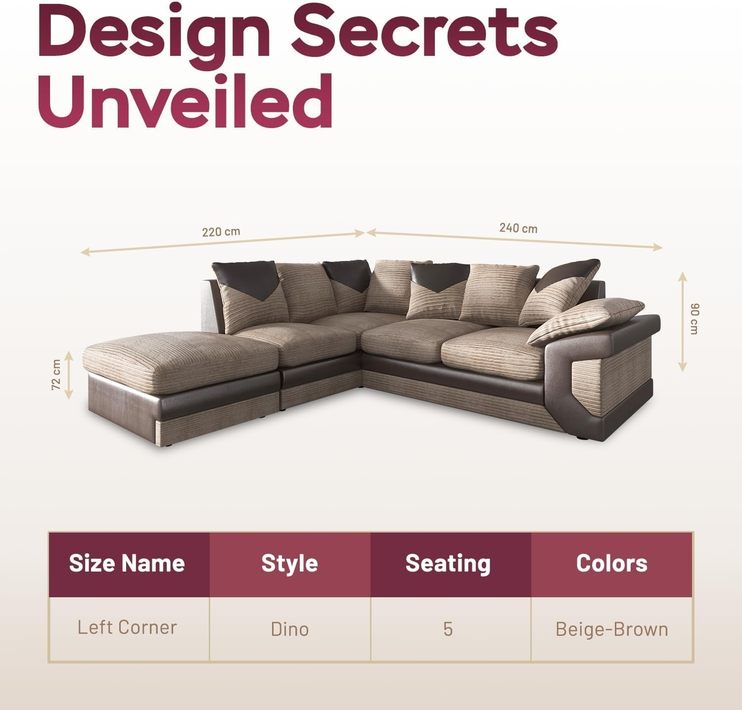 5-Seater Left Hand L-Shape Corner Sofa Fire Resistant Convertible Footstool