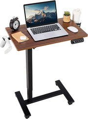 Electric Overbed Laptop Desk Walnut Top Height Adjustable Rolling Table