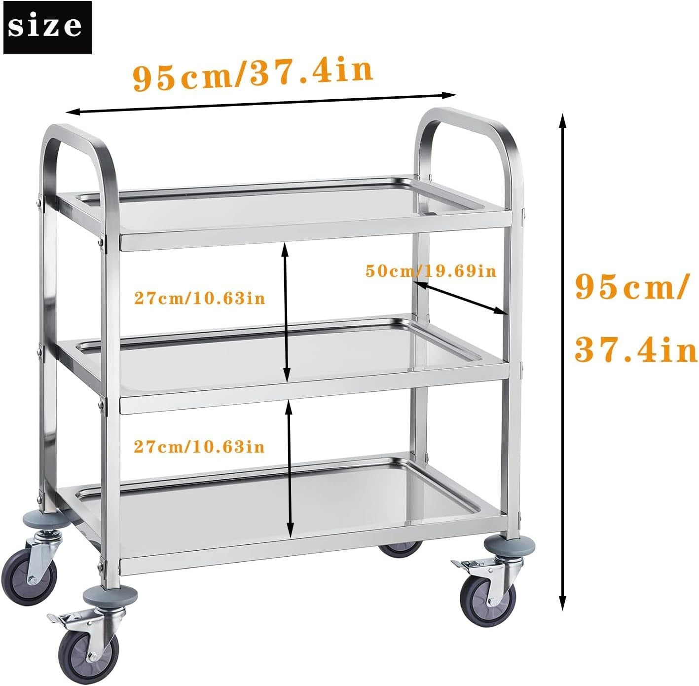 3 Tier Stainless Steel Catering Trolley 95cm Heavy Duty Cart
