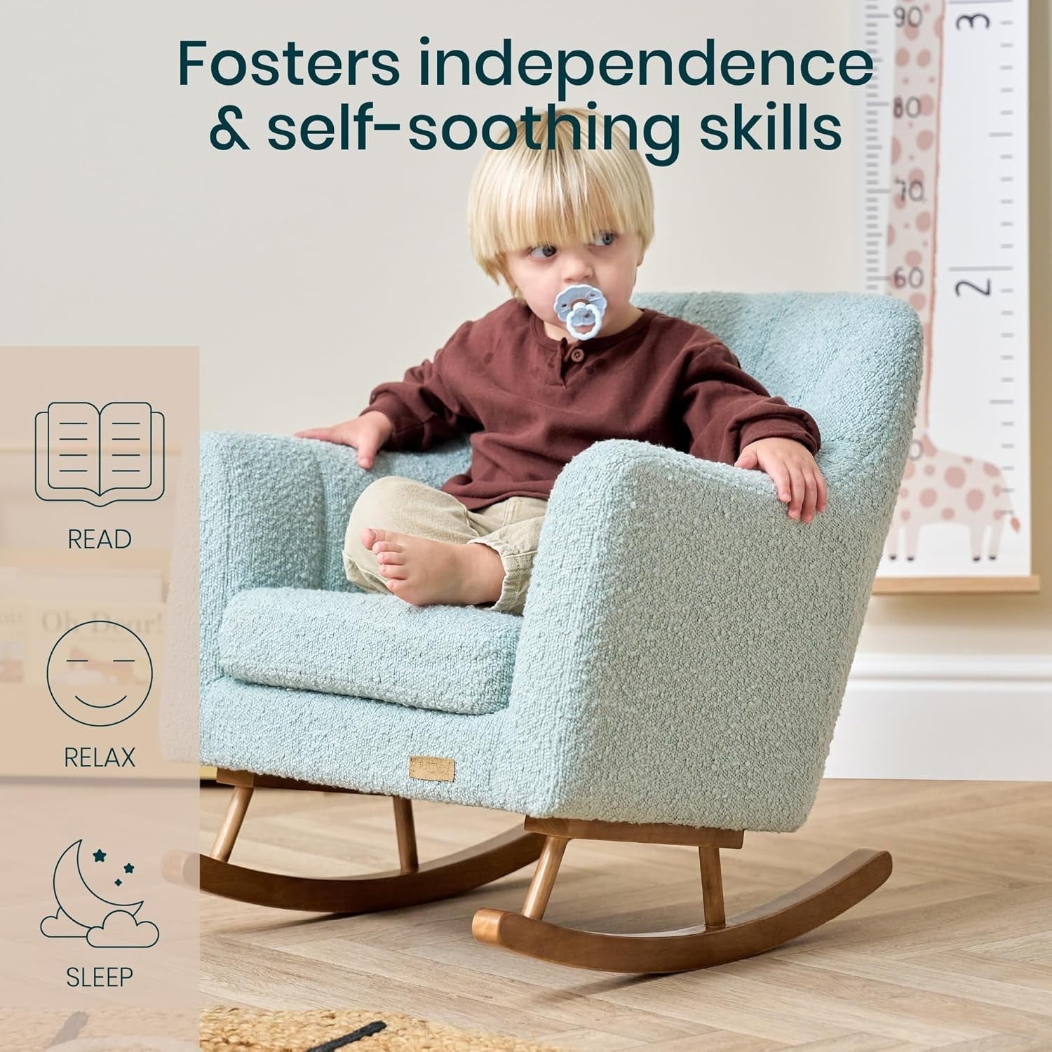 Toddler Rocking Chair Soft Bouclé Fabric, Rubberwood Bars, Easy Assembly