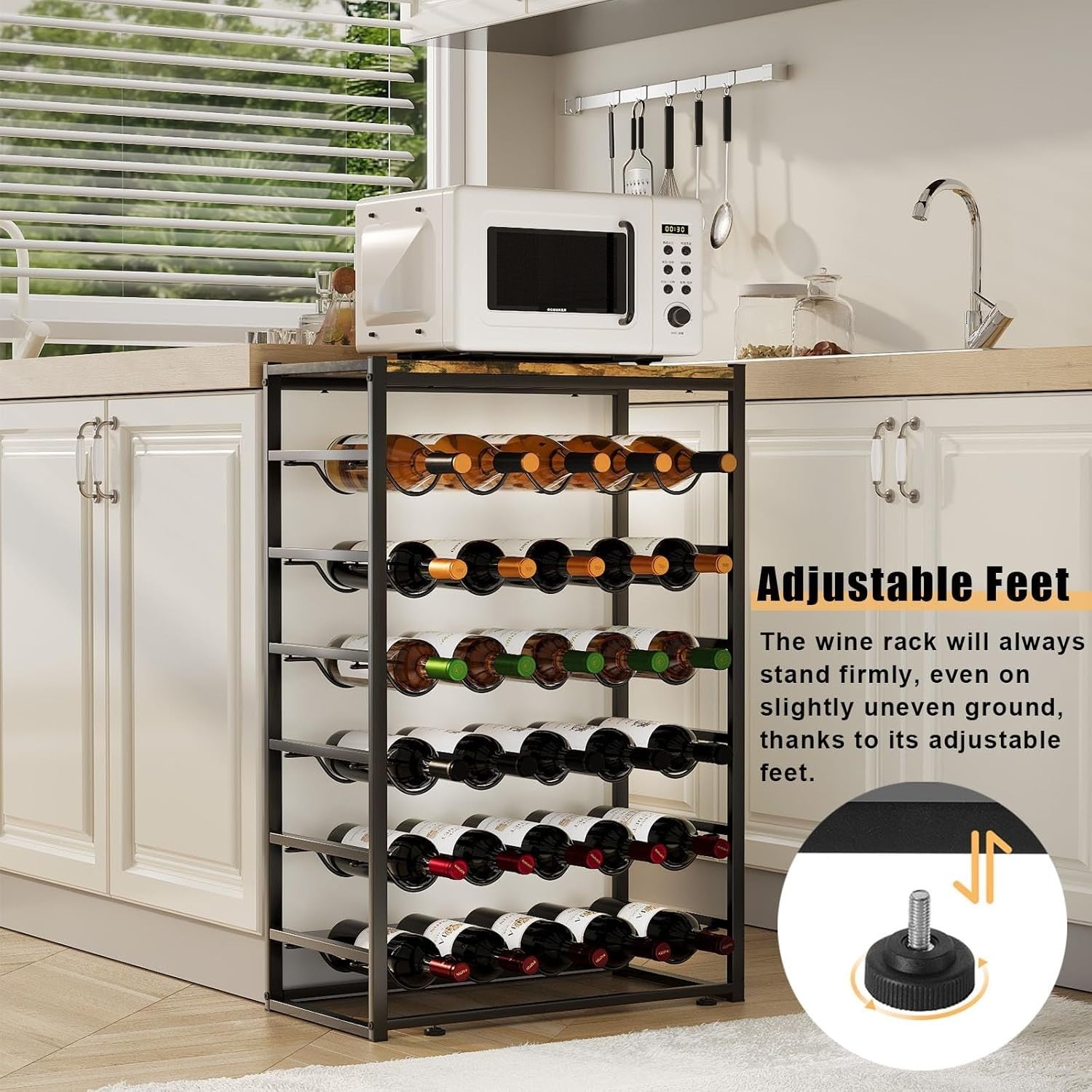 6-Tier Wine Rack for 30 Bottles with Wooden Top & Glass Holder
