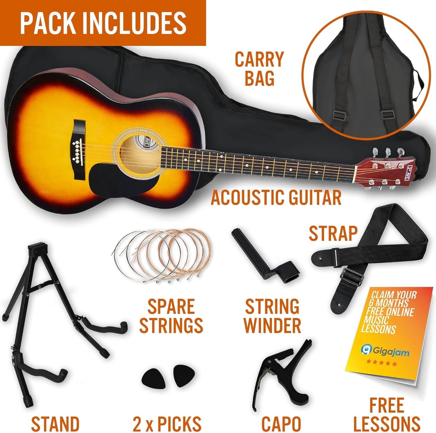 Full Size 4/4 Acoustic Guitar Starter Pack with Stand Sunburst