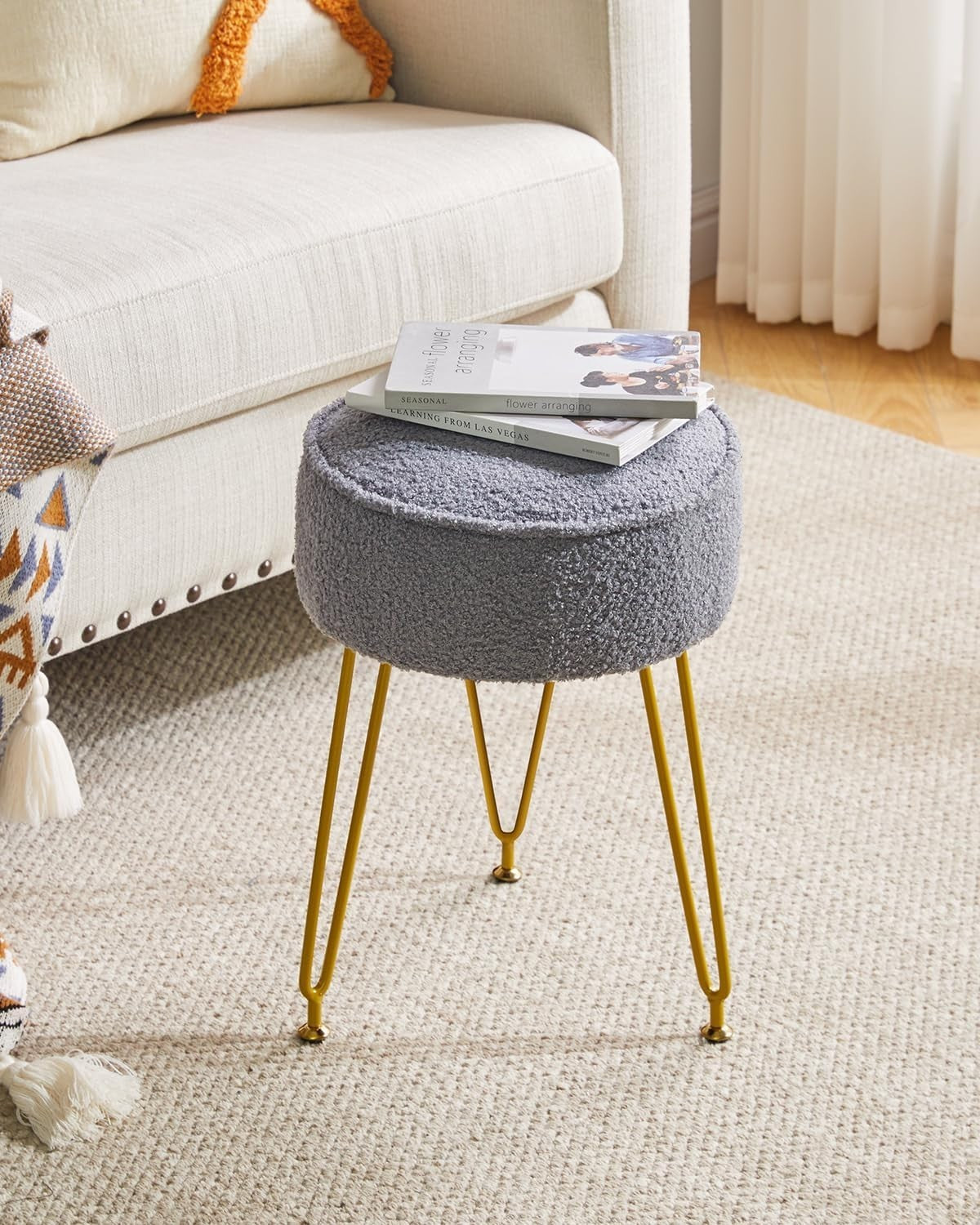 Teddy Velvet Round Footrest Ottoman – Cozy Vanity Stool with Metal Legs