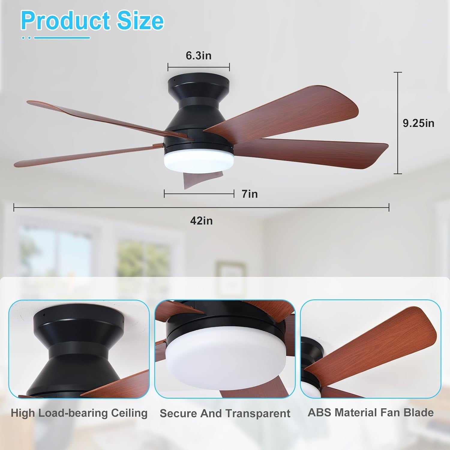 42" Ceiling Fan, 5 Walnut Blades, 6 Speeds, LED Light, Remote