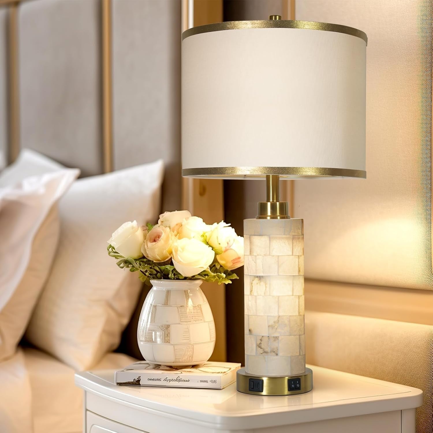 Set of 2 Natural Alabaster Table Lamps with USB Charging & Night Light