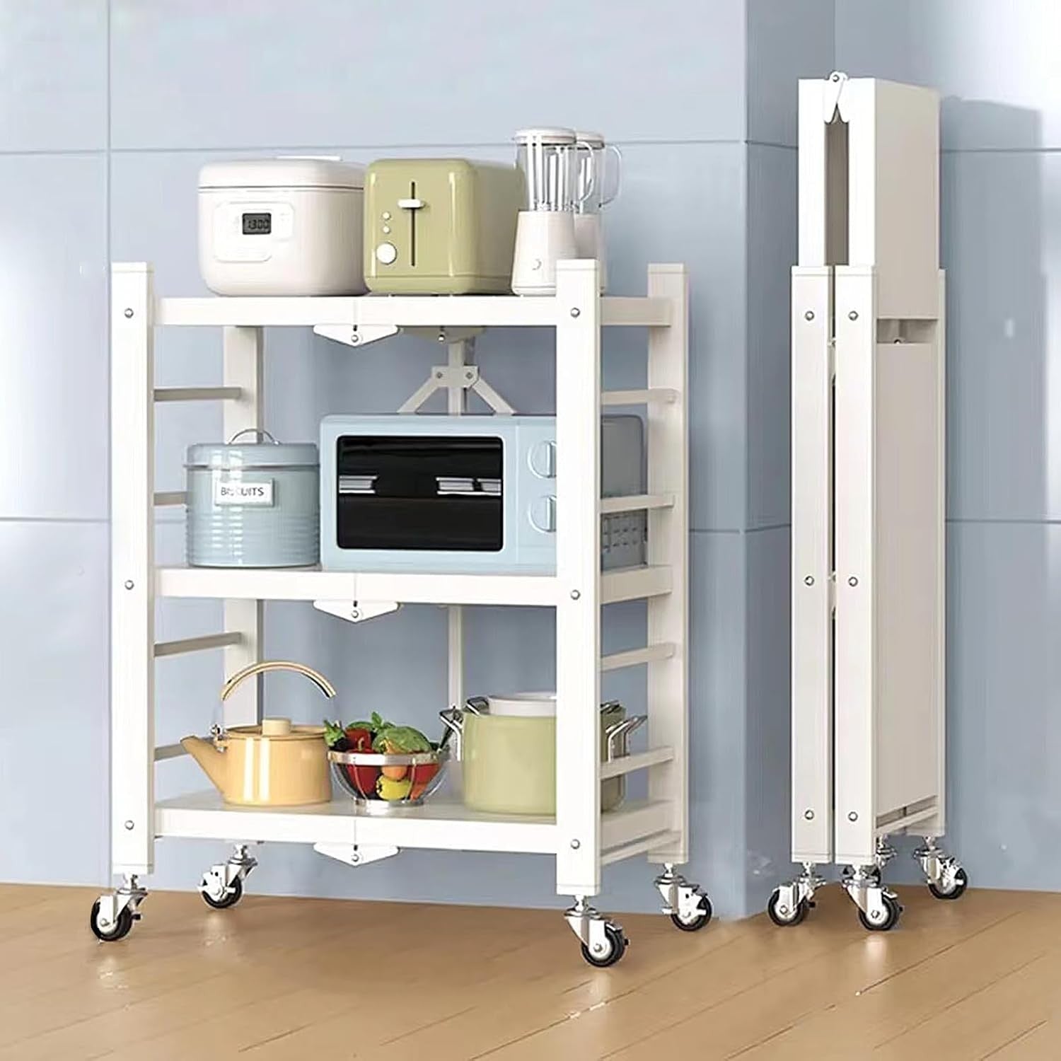 Foldable Storage Shelf Unit Rolling Cart 3 Tier Metal Kitchen Organizer