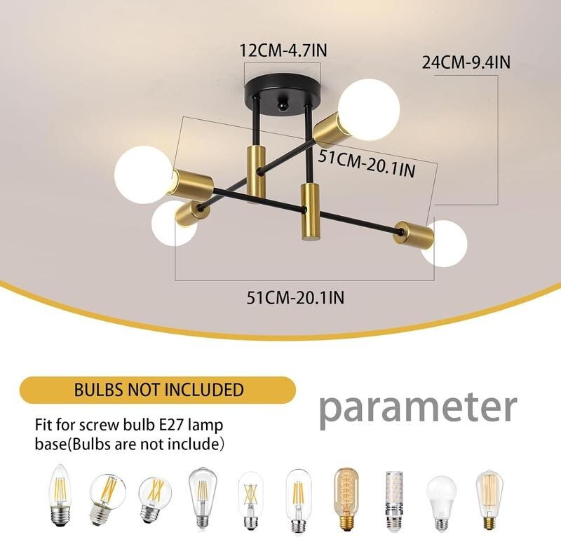 Modern Black Gold Sputnik Ceiling Light E27 4-Way Flush Mount Lamp