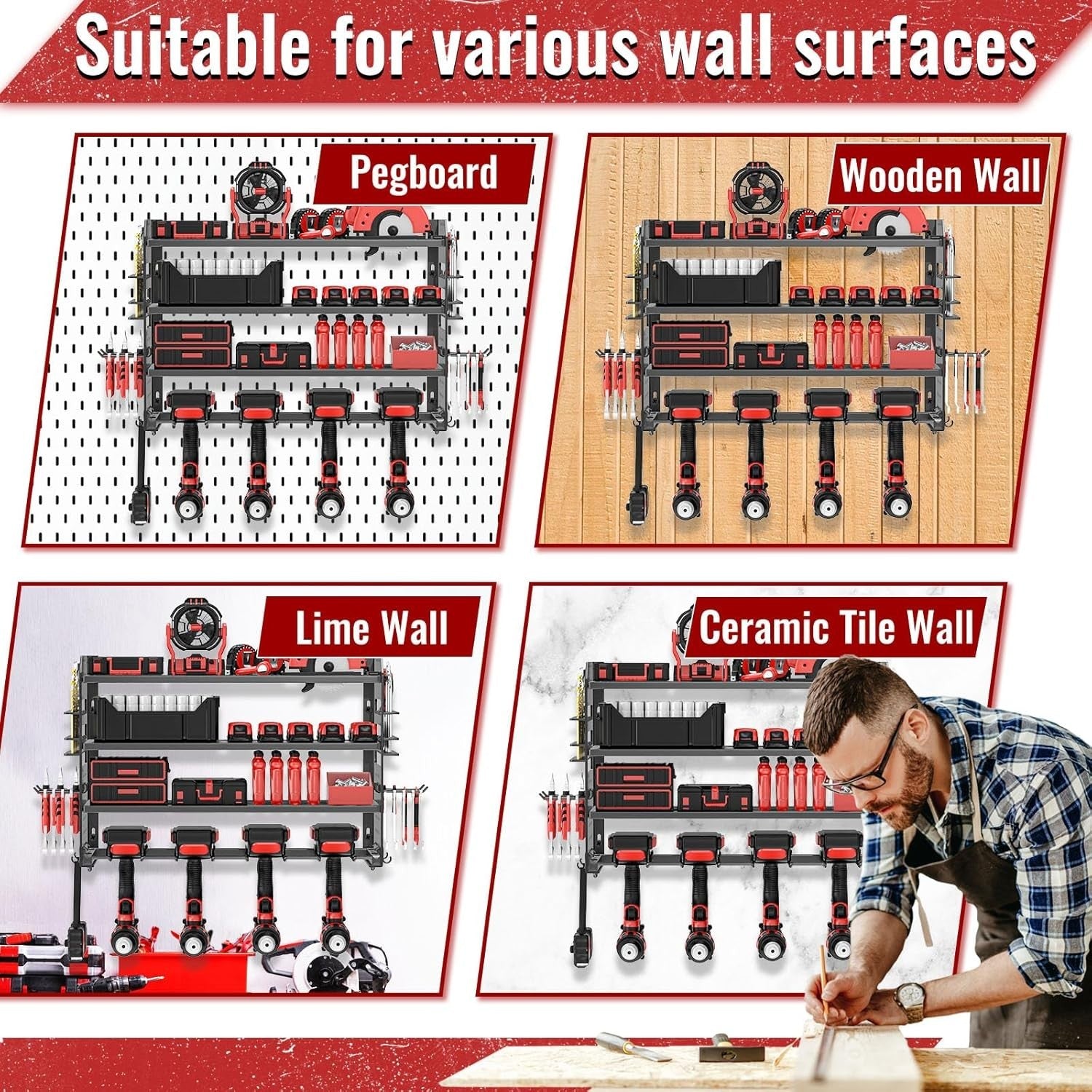 Wall-Mounted Power Tool Rack 4-Tier Screwdriver & Plier Holder Black