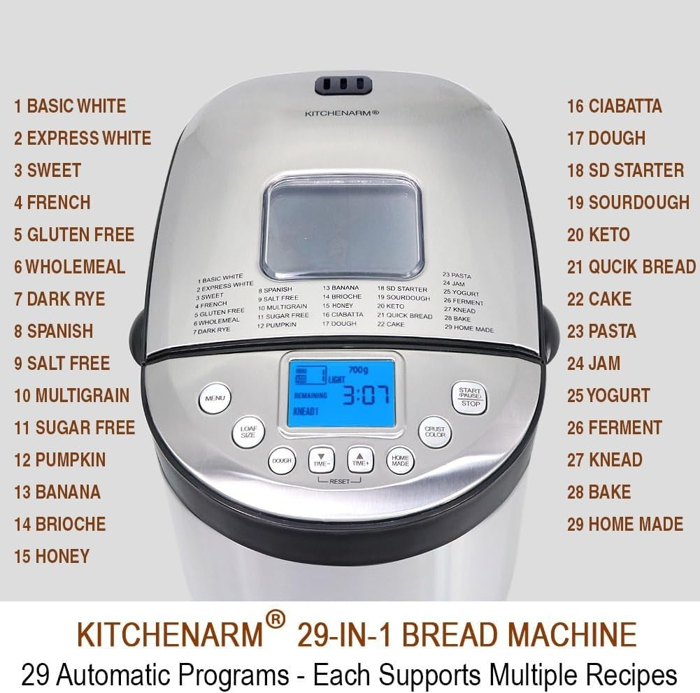 Smart Bread Maker 29 Programs Gluten Free 3 Loaf Sizes Timer Stainless Steel