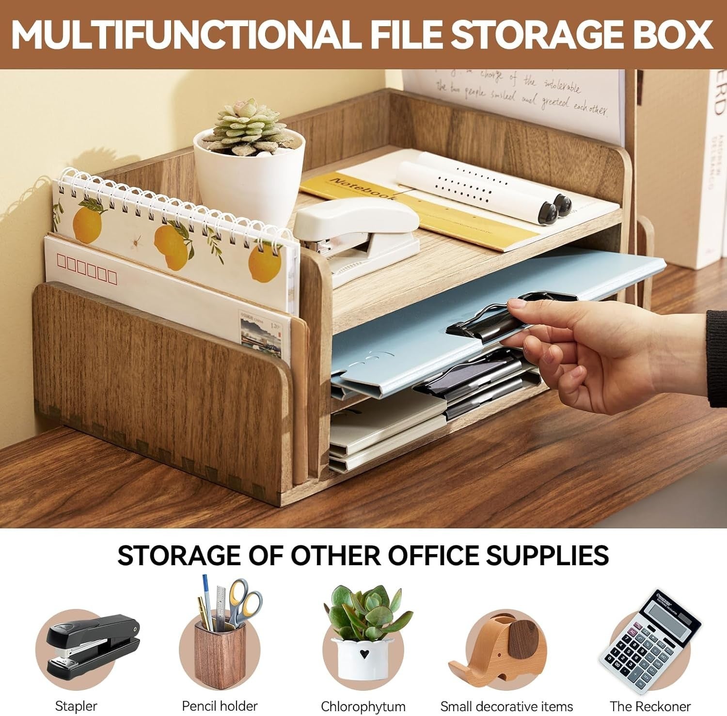 3-Tier Wooden Desk Document Tray Organizer for Mail, Files & Stationery