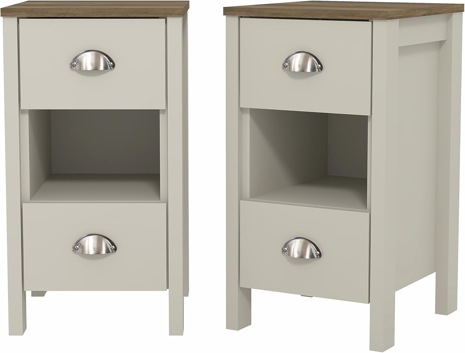 2x Light Grey Oak Bedside Tables with Drawers – Modern Compact Nightstands