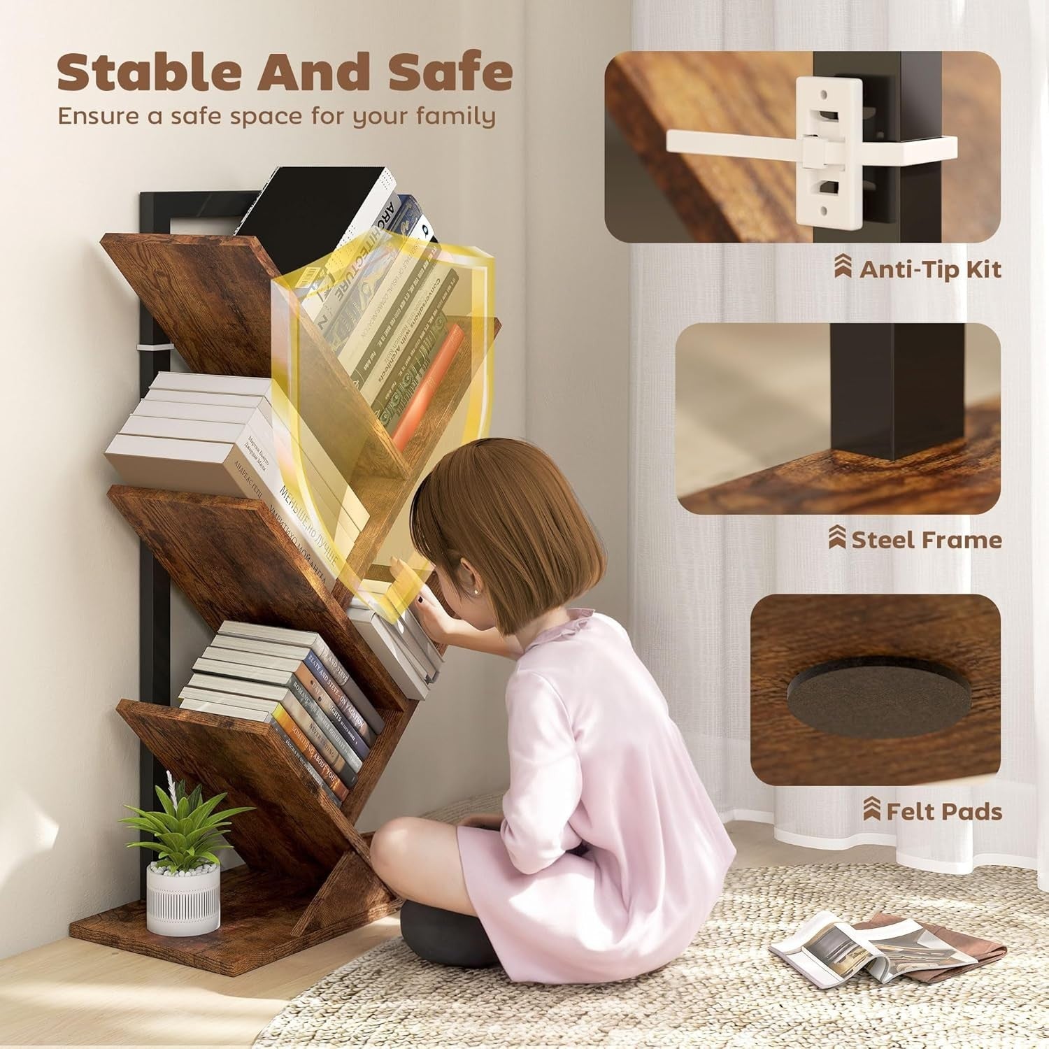 Industrial 5-Tier Tree Bookshelf with Steel Frame, Compact Storage Unit