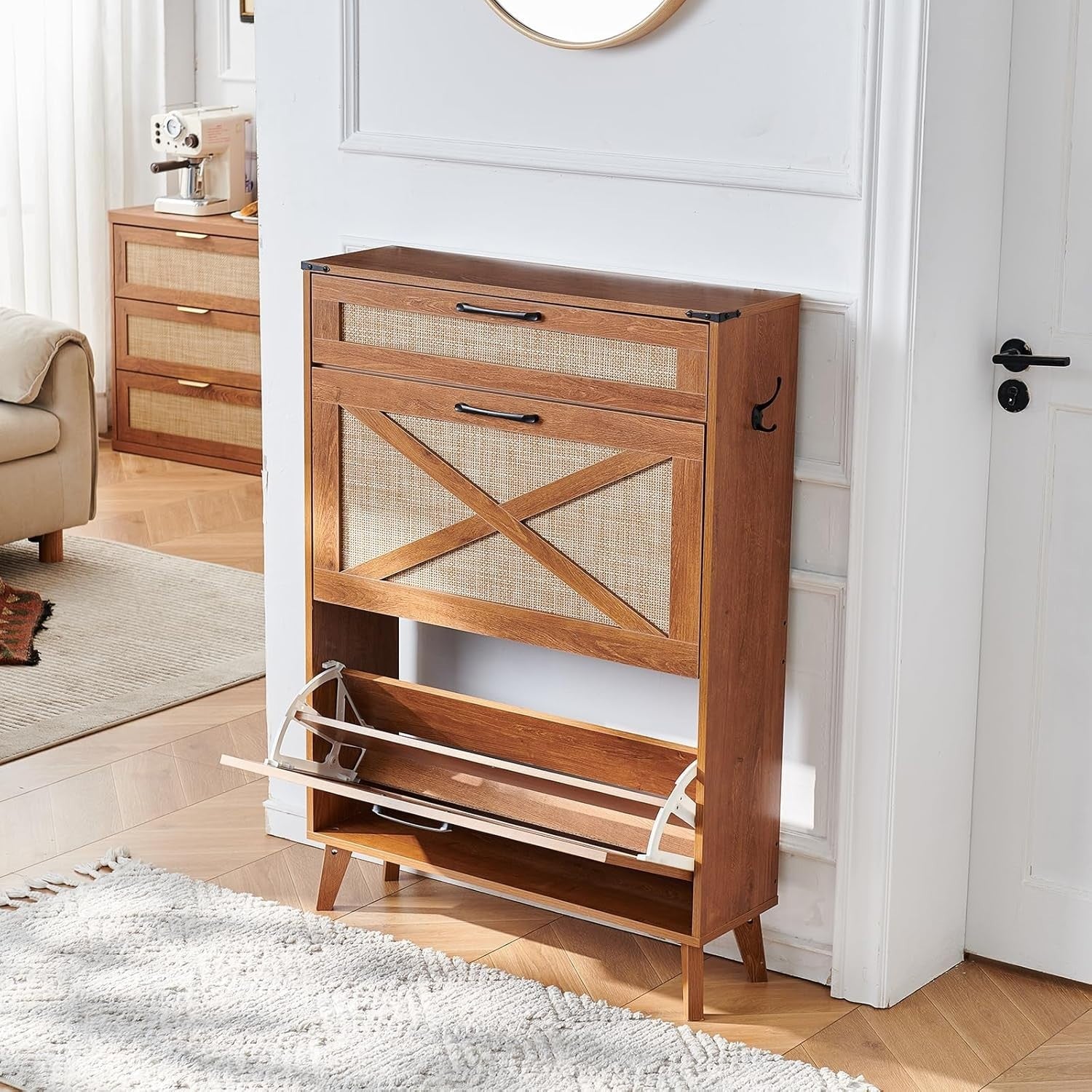 Narrow Shoe Cabinet with Rattan Flip Drawers, Large Storage for 16-20 Pairs