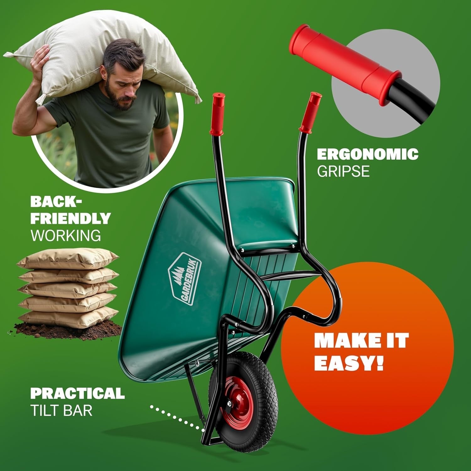 100L Garden Wheelbarrow – Polypropylene Tub w/ Steel Frame Tyre 250kg Load