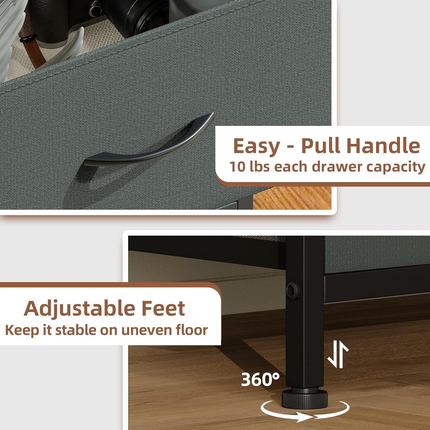 Charcoal Grey Bedside Tables Set of 2 with Fabric Drawers, Metal Frame