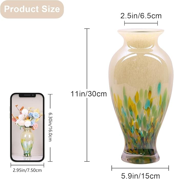 Hand Blown Glass Vase Tall 30cm Green Art Flower Vase Table Centerpiece