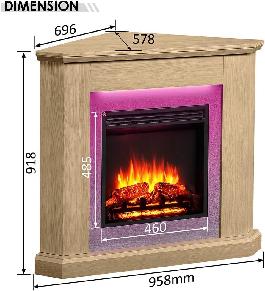 Corner Electric Fireplace 38" Natural Oak 2kW Glass Heater Suite LED