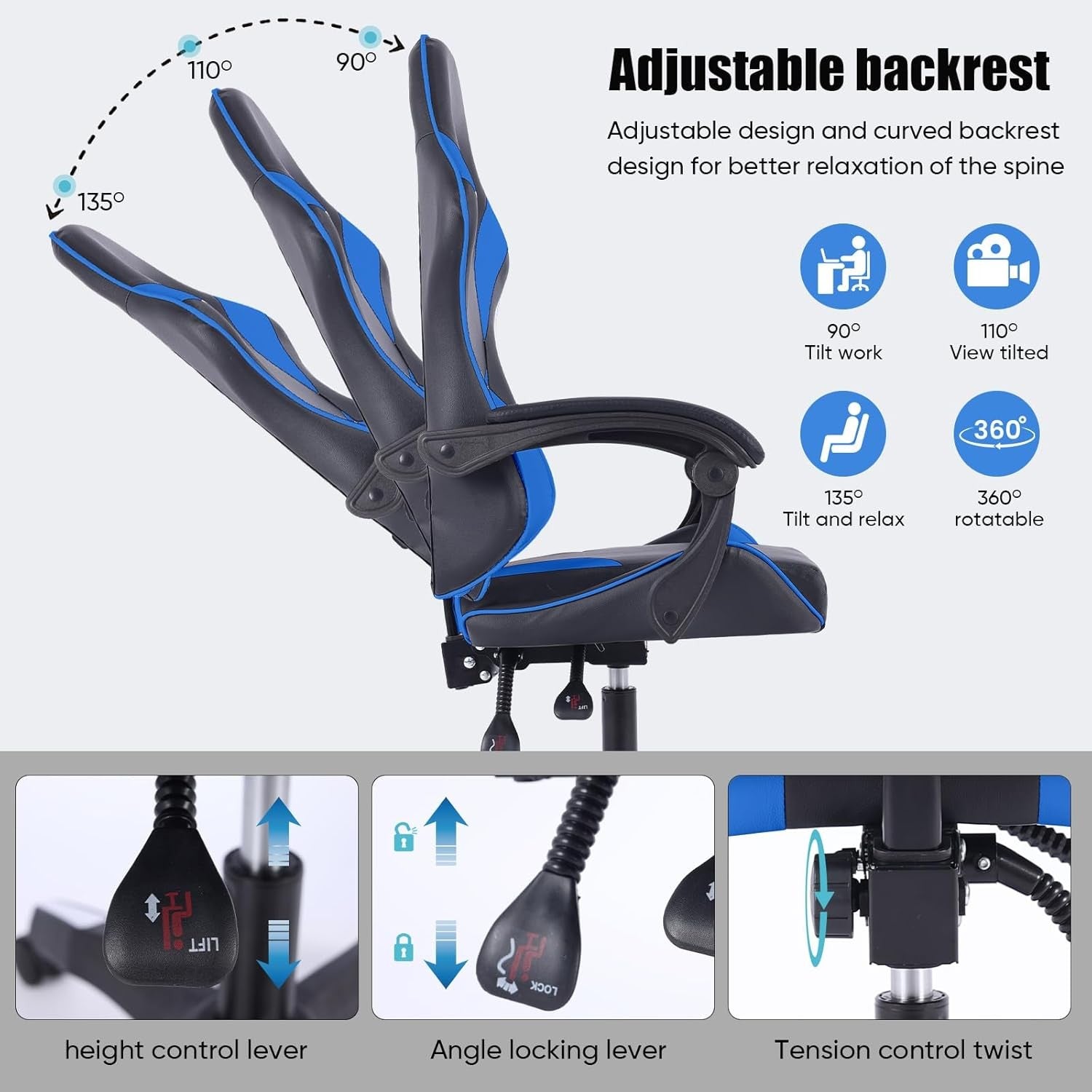 Ergonomic Gaming Chair Reclining Office Desk Chair Lumbar Support Blue