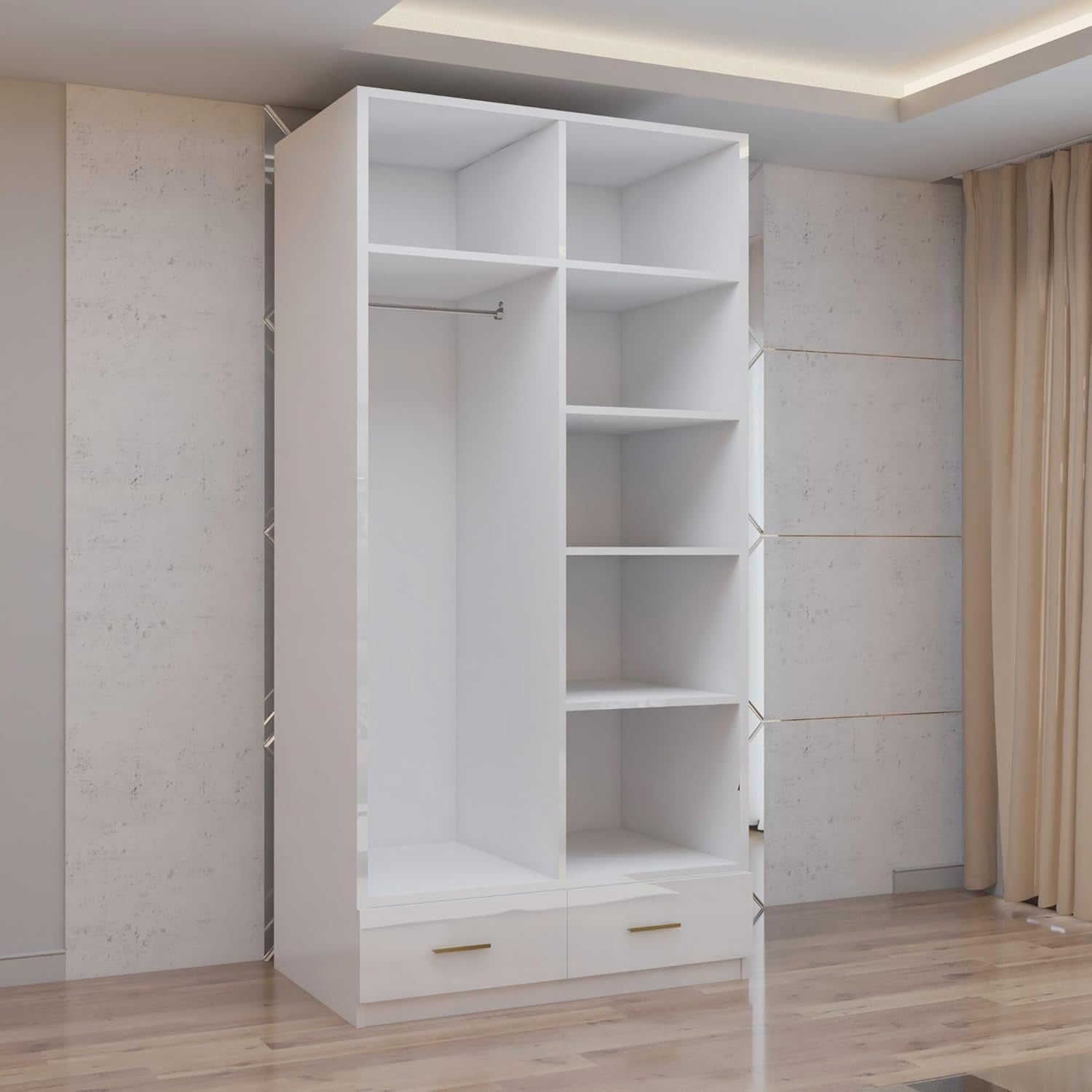 2 Door High Gloss Wardrobe Mirror Drawers Shelves Gold Handles White