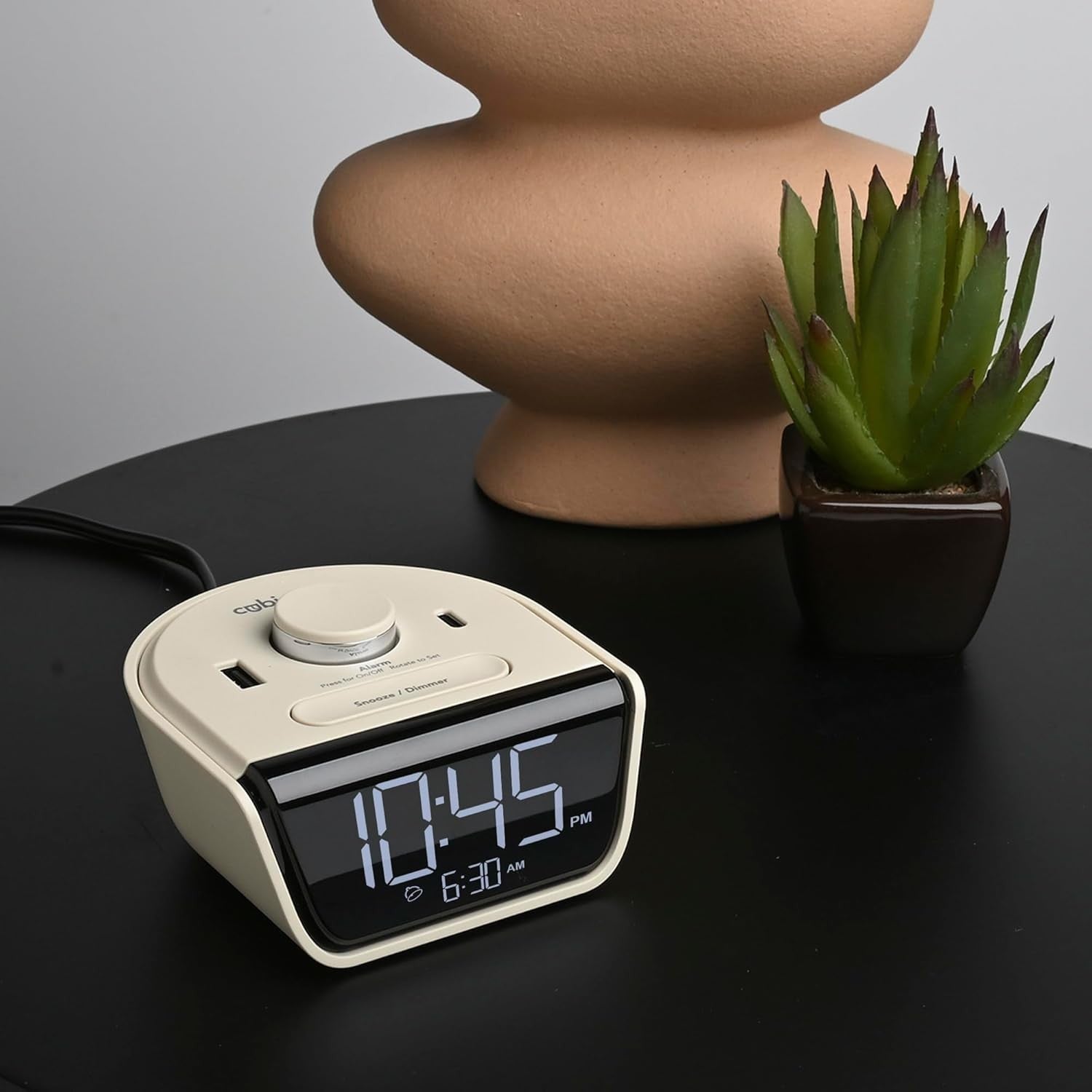 USB Charging Alarm Clock Latte Digital Bedside Desk Clock Dual USB Ports
