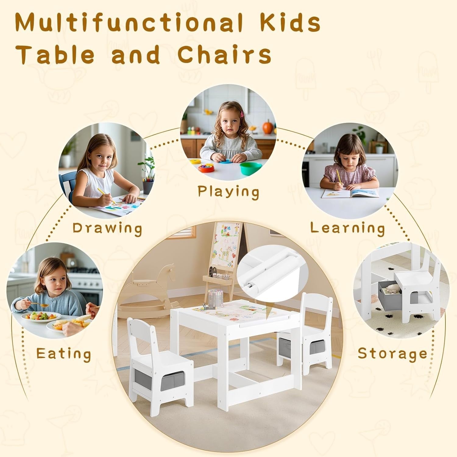 3-in-1 Kids Table & Chair Set with Storage Boxes, Space-Saving Bench