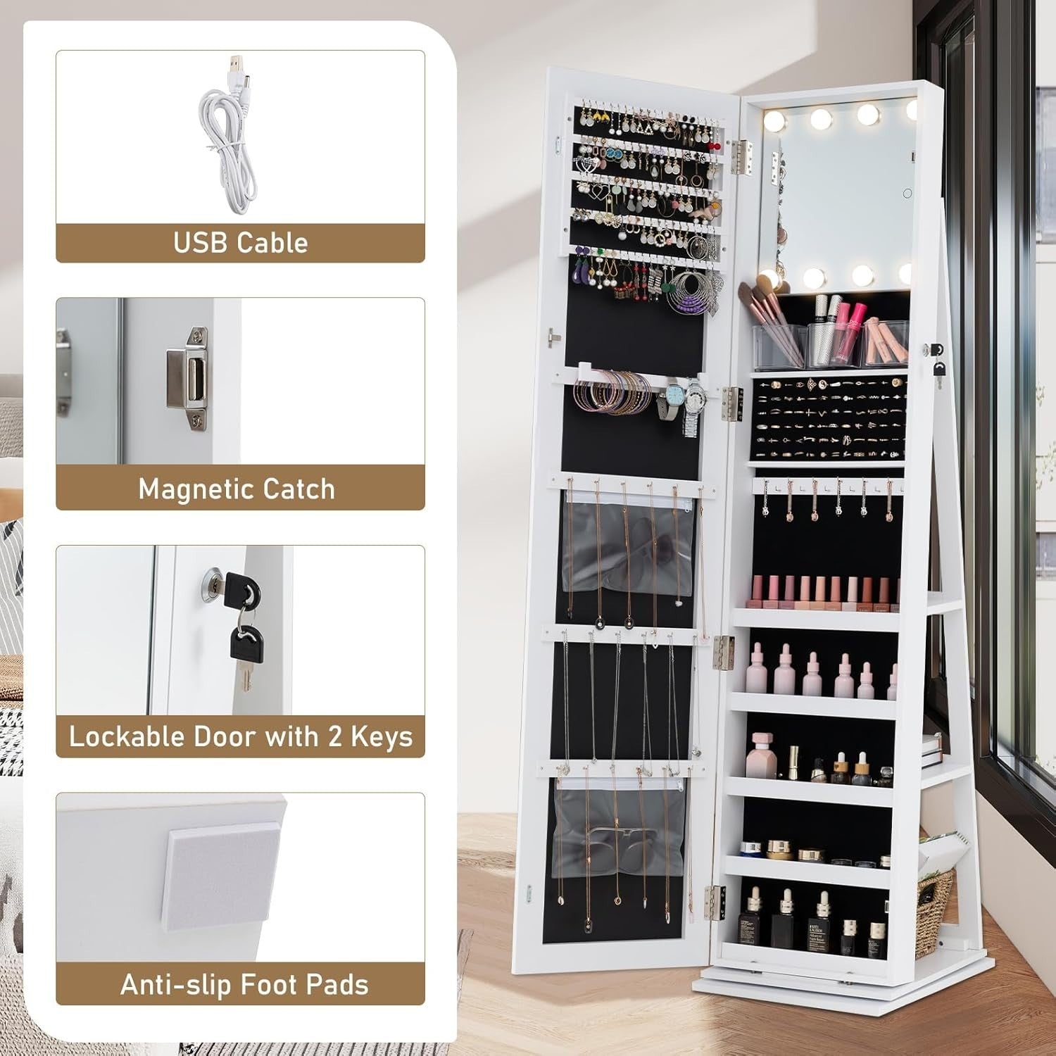 White 360° Swivel Jewelry Cabinet LED Makeup Mirror Lockable Storage