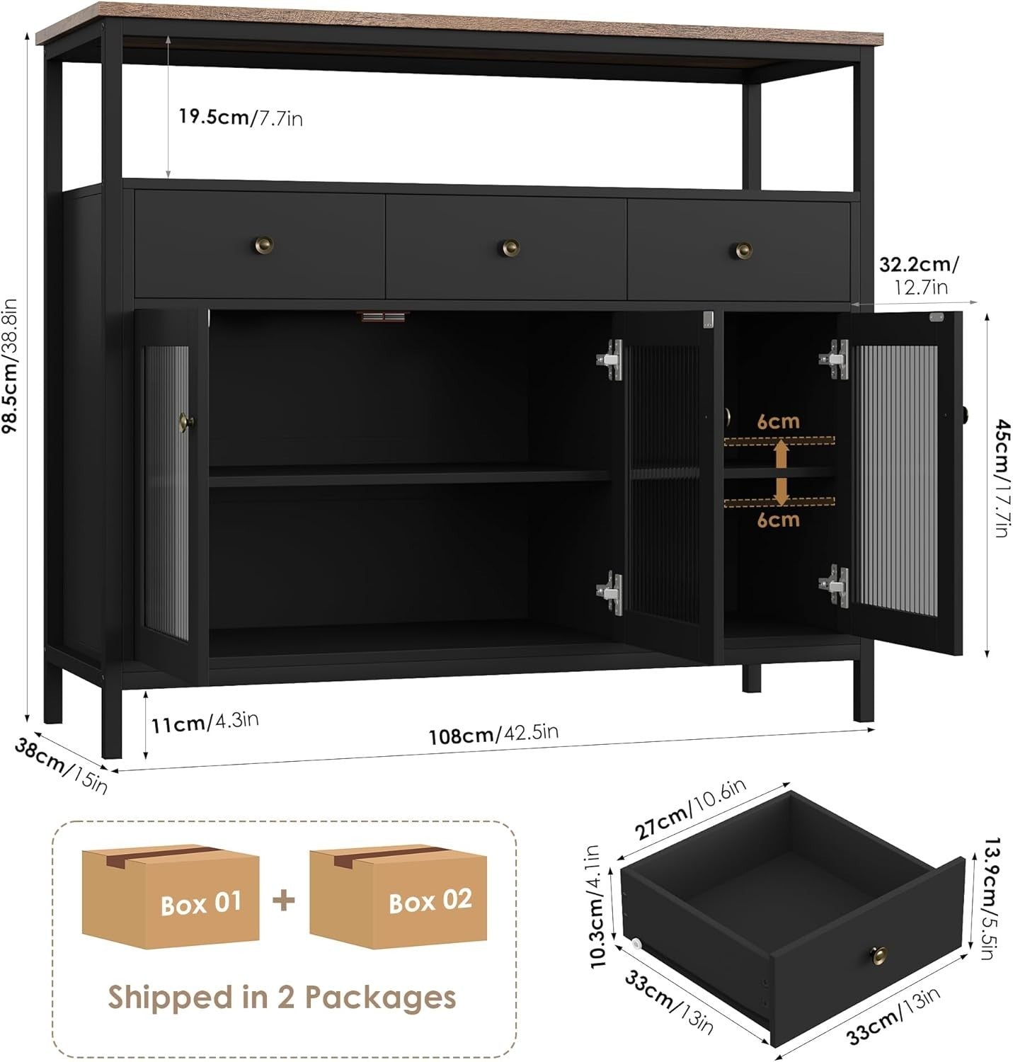 Modern Black Sideboard Cabinet with Glass Doors, Drawers, Adjustable Shelves