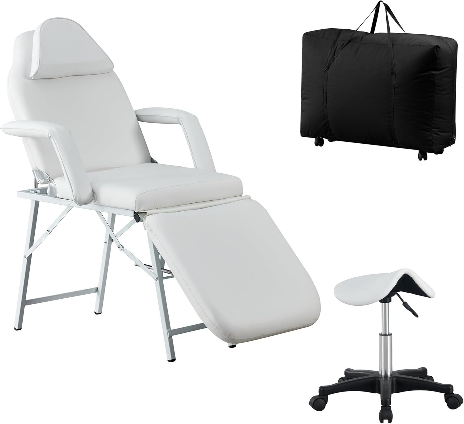 Foldable 3-Section Beauty Massage Chair Bed w/ Stool & Carry Bag White