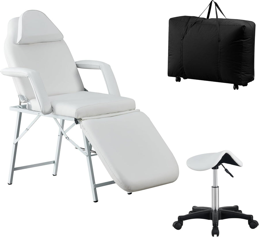 Foldable 3-Section Beauty Massage Chair Bed w/ Stool & Carry Bag White