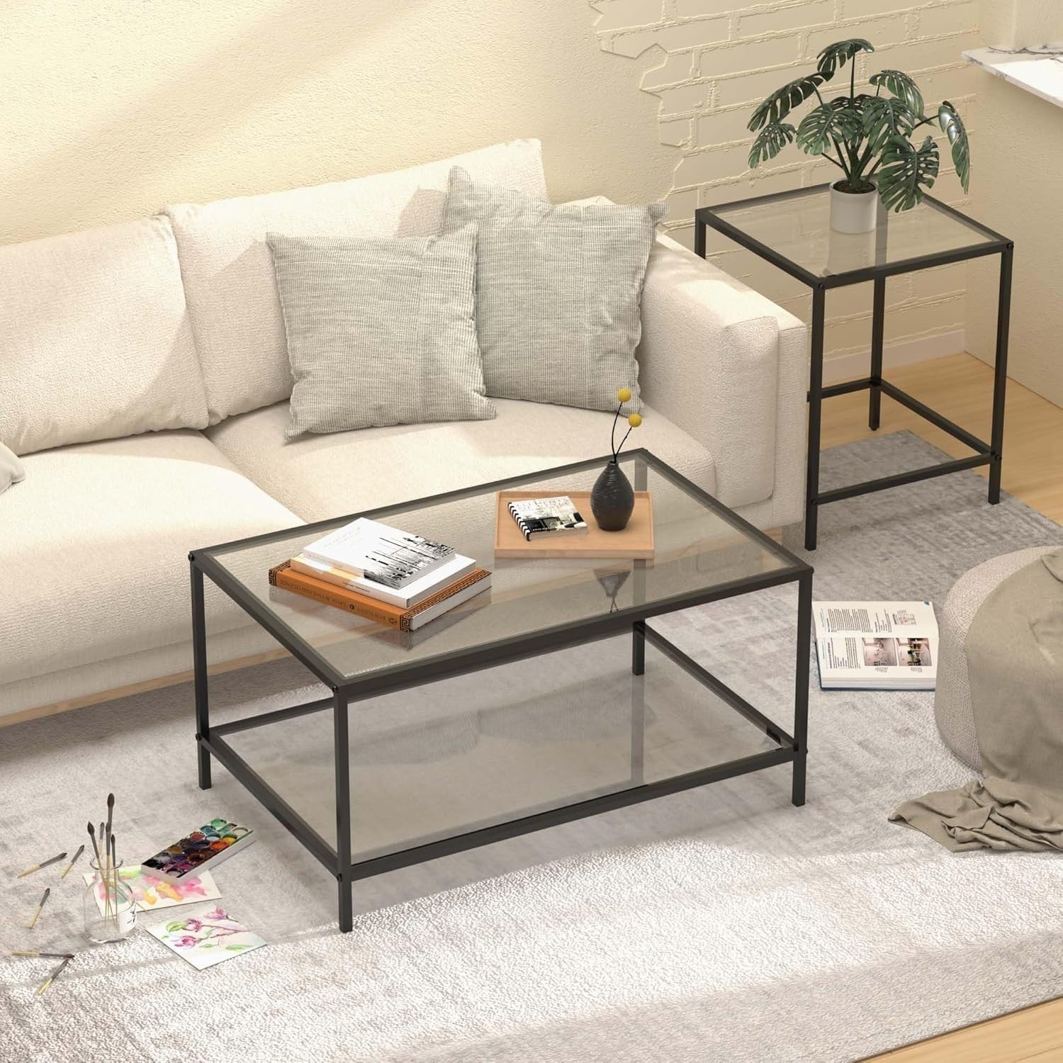 Modern Nesting Coffee End Table Set Glass Top Black Iron Frame Rectangular