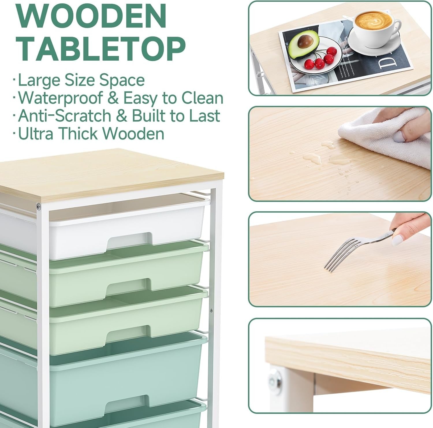 5 Drawer Rolling Storage Trolley Cart with Wheels Utility Organizer Green