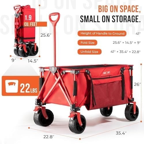 Red Heavy Duty Camping Wagon 150kg Extra Wide Wheel Folding Festival Garden Cart