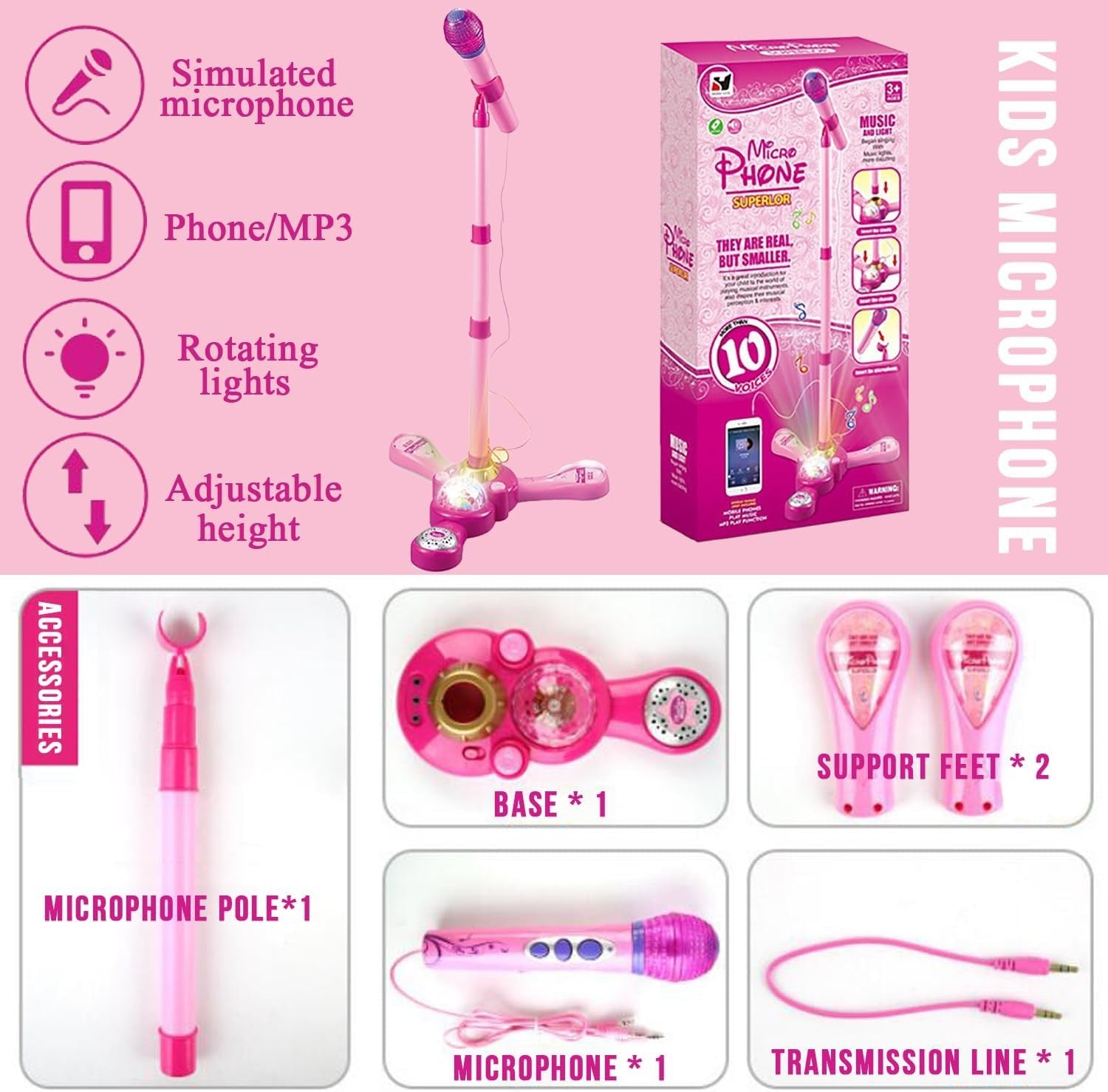 Kids Karaoke Machine with Stand Mic LED Stage Lights Adjustable