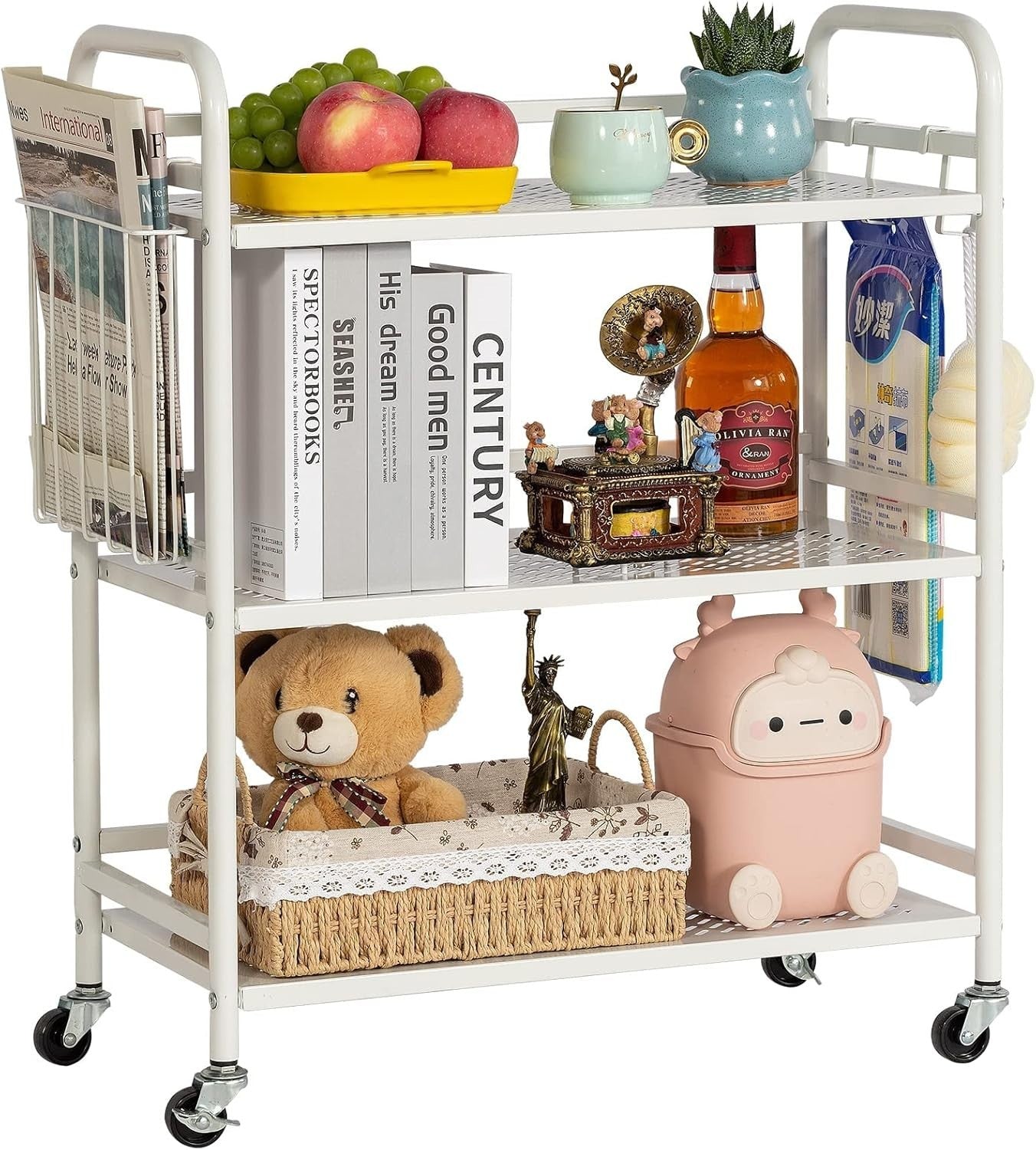 White 3 Tier Metal Mesh Rolling Utility Cart Heavy Duty Storage Rack