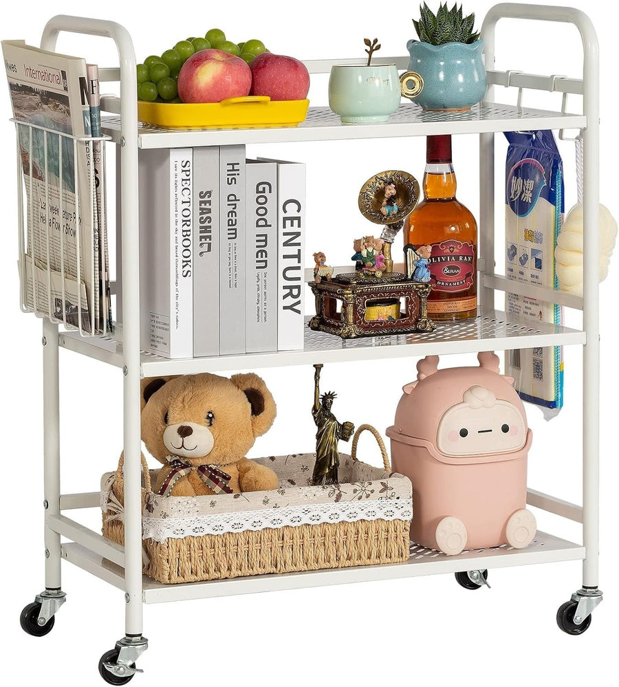 White 3 Tier Metal Mesh Rolling Utility Cart Heavy Duty Storage Rack