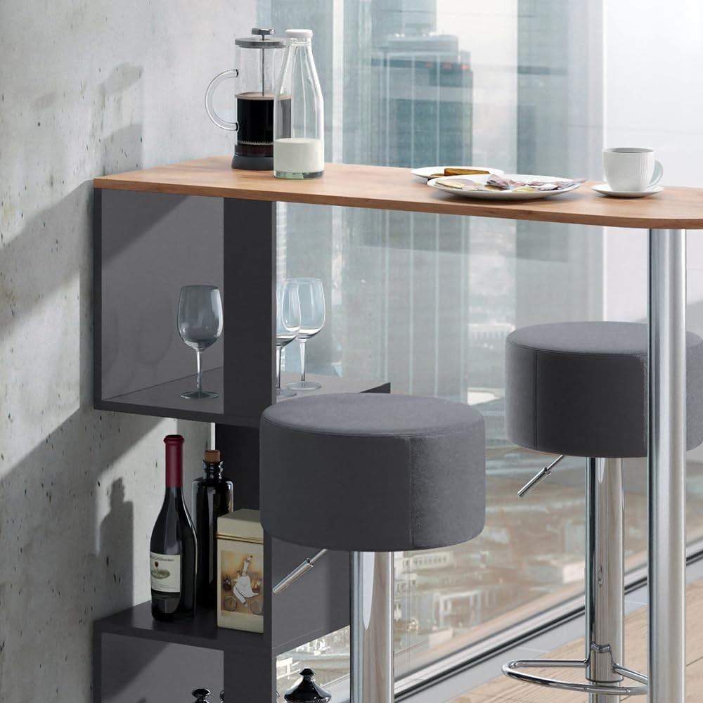 Bar Table Set with 2 Swivel Stools Storage Shelf Gold Oak Anthracite Modern
