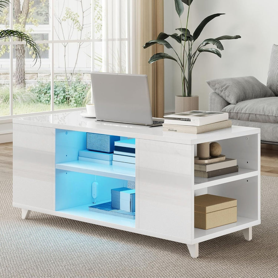 High Gloss Coffee Table with Storage & RGB LED Light – Modern 97.5x48x45 cm