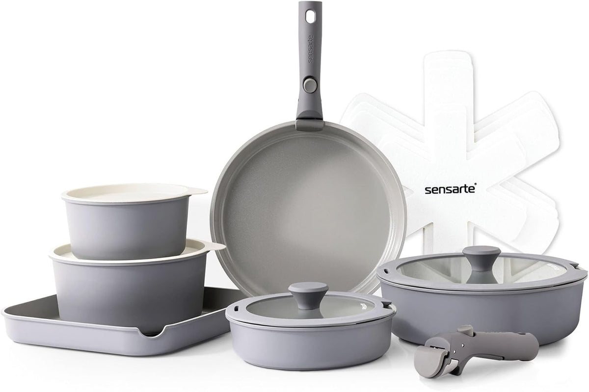17pcs Grey Non Stick Cookware Set Detachable Handle Induction Oven Safe