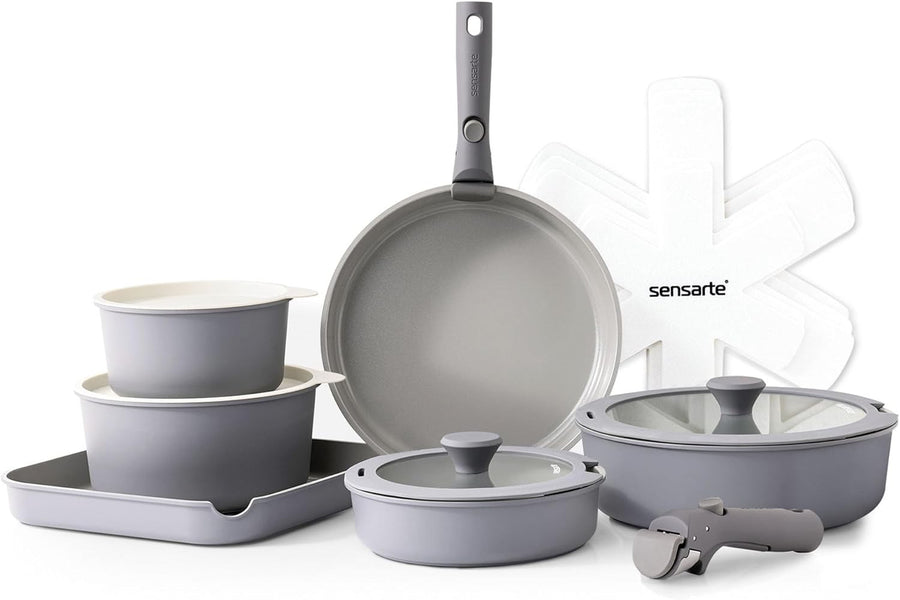 17pcs Grey Non Stick Cookware Set Detachable Handle Induction Oven Safe