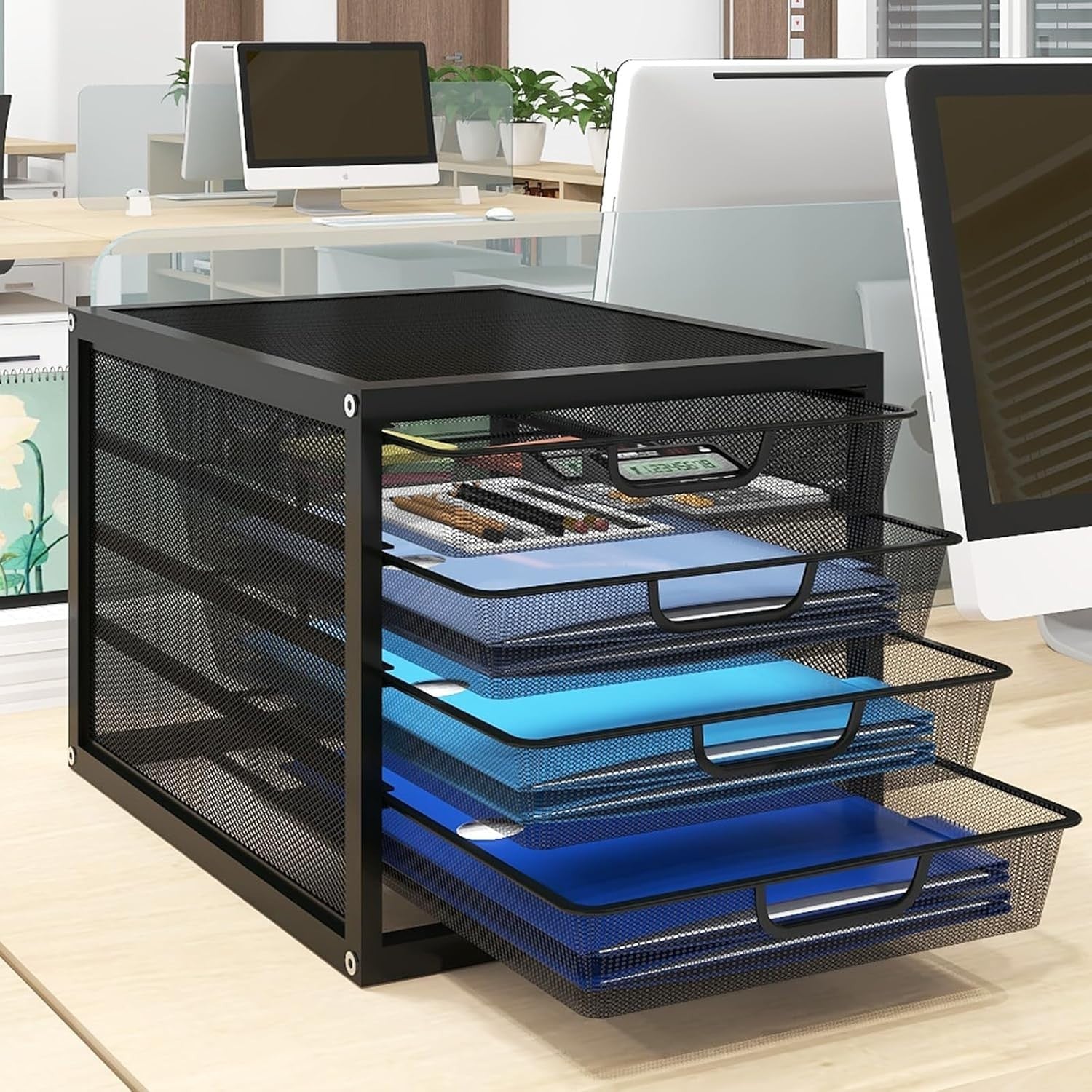 Desktop Paper Tray Organizer 4 Sliding Drawers Metal Office Filing Storage
