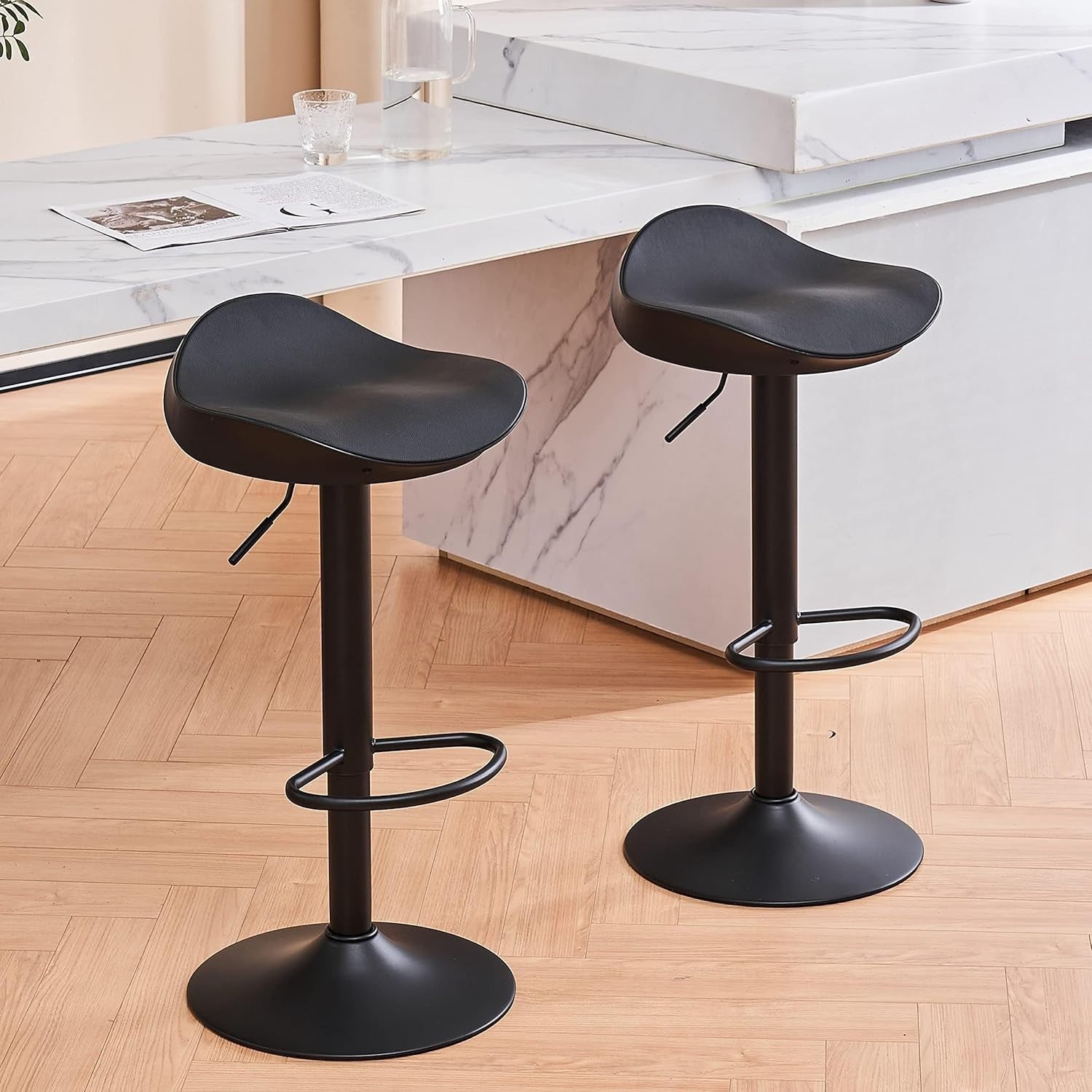 Black PU Leather Swivel Bar Stools Set of 2 Height Adjustable Kitchen Counter